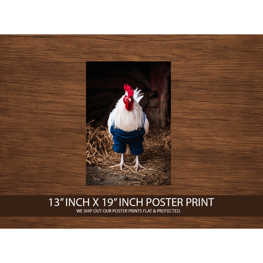 Rooster in Overalls Poster Print 13x19 – Funny Farm Animal Wall Art – Chicken